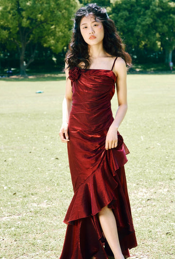 Niulatu High Low Spaghetti Straps Ruffles Burgundy Prom Dresses Birthday Outfits SD469
